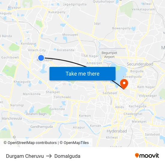 Durgam Cheruvu to Domalguda map