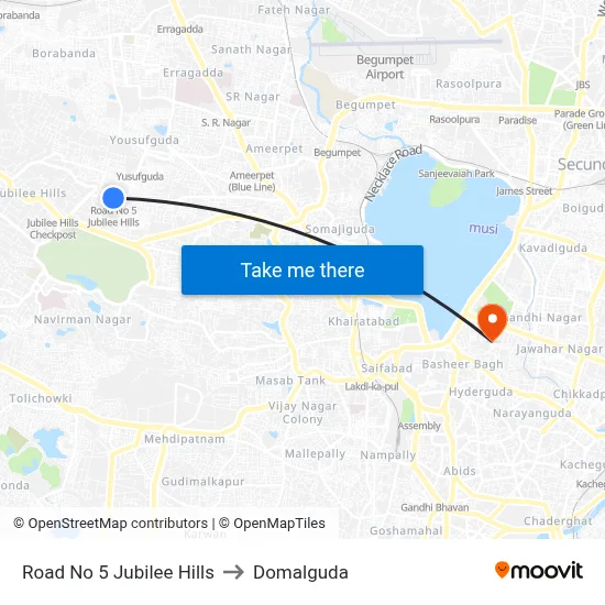 Road No 5 Jubilee Hills to Domalguda map