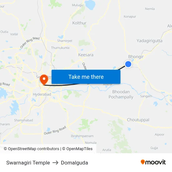 Swarnagiri Temple to Domalguda map