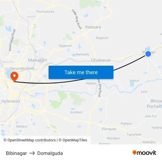 Bibinagar to Domalguda map