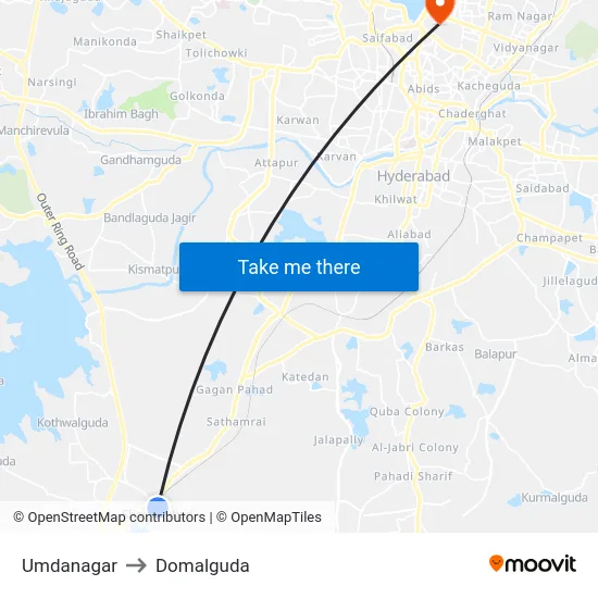 Umdanagar to Domalguda map