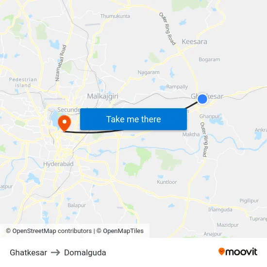 Ghatkesar to Domalguda map