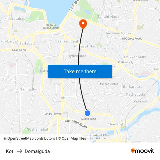 Koti to Domalguda map