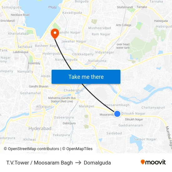 T.V.Tower / Moosaram Bagh to Domalguda map