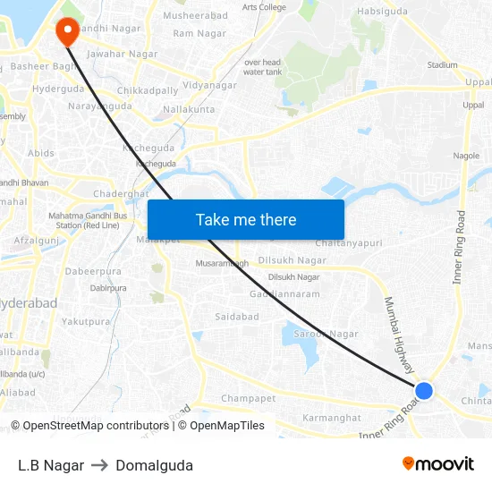 L.B Nagar to Domalguda map