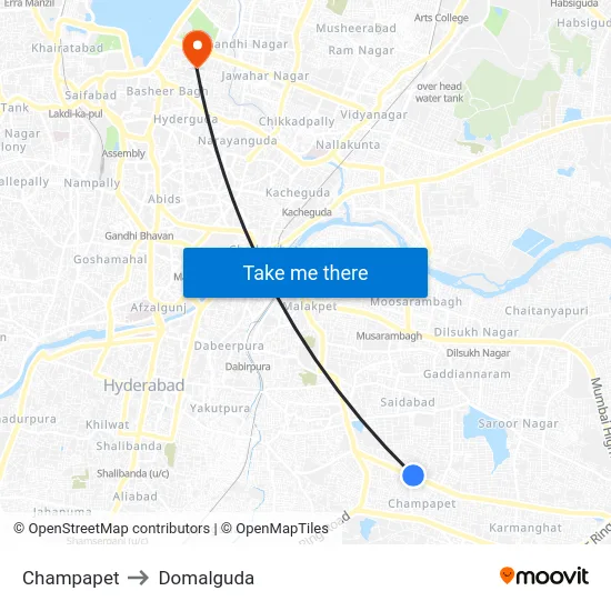 Champapet to Domalguda map