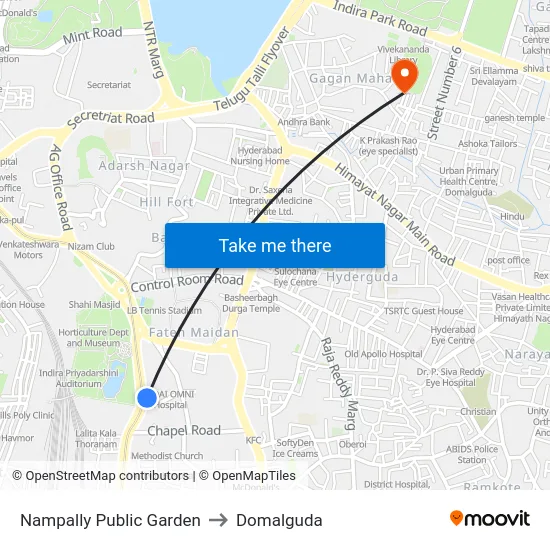 Nampally Public Garden to Domalguda map