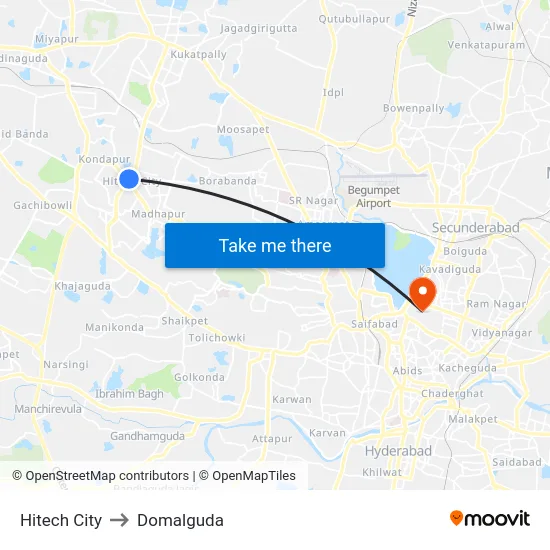 Hitech City to Domalguda map