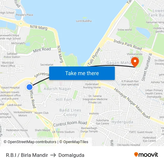 R.B.I / Birla Mandir to Domalguda map