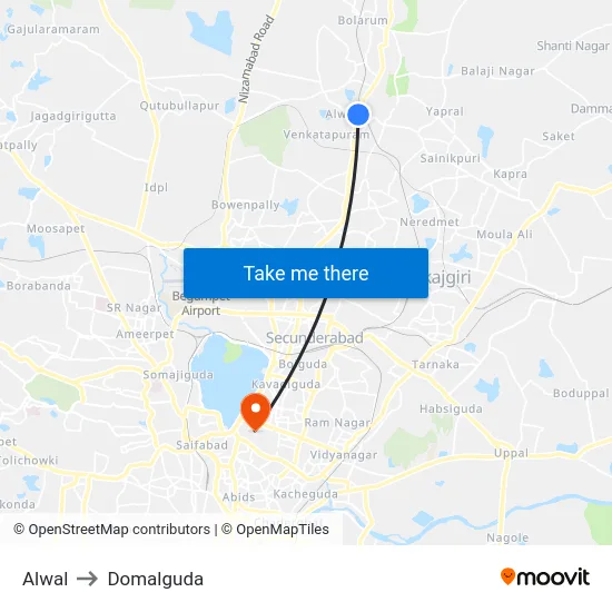 Alwal to Domalguda map