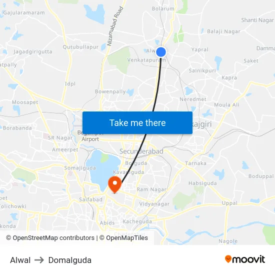 Alwal to Domalguda map