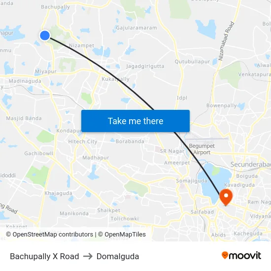 Bachupally X Road to Domalguda map