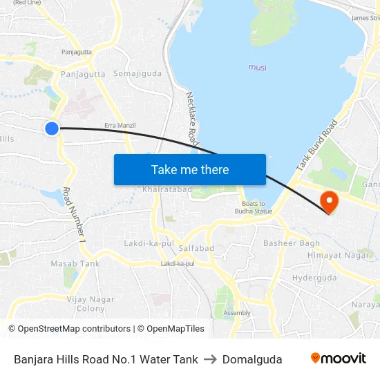 Banjara Hills Road No.1 Water Tank to Domalguda map