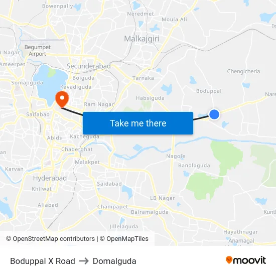 Boduppal X Road to Domalguda map