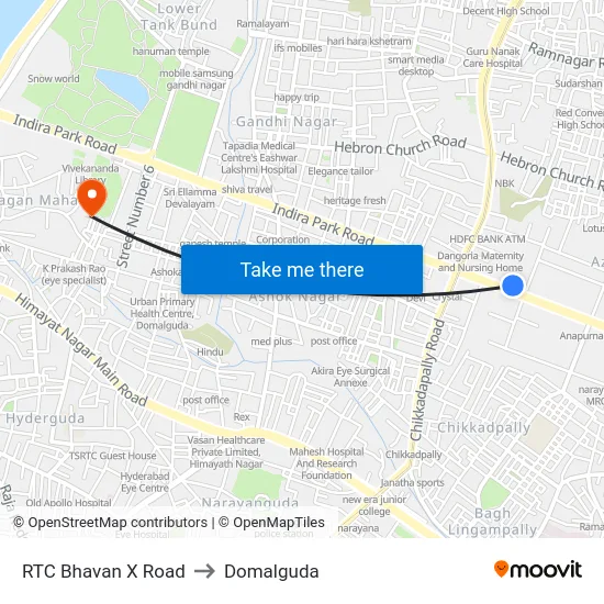 RTC Bhavan X Road to Domalguda map