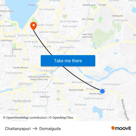 Chaitanyapuri to Domalguda map
