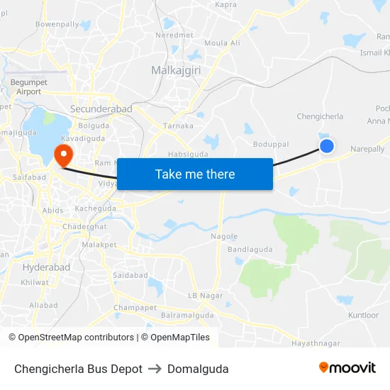 Chengicherla Bus Depot to Domalguda map