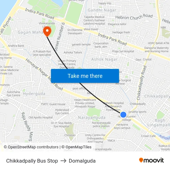 Chikkadpally Bus Stop to Domalguda map