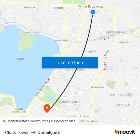Clock Tower to Domalguda map