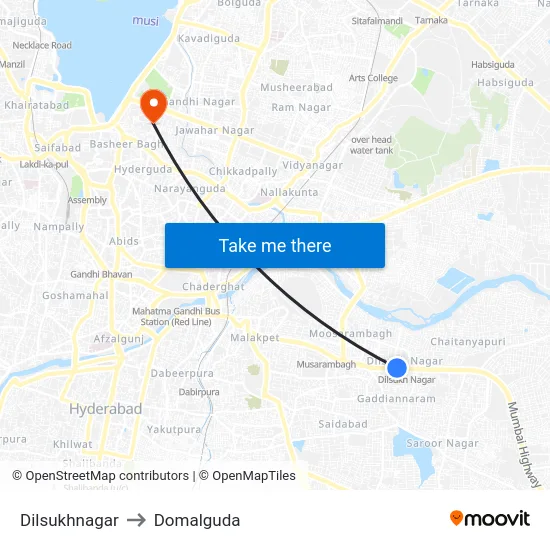 Dilsukhnagar to Domalguda map