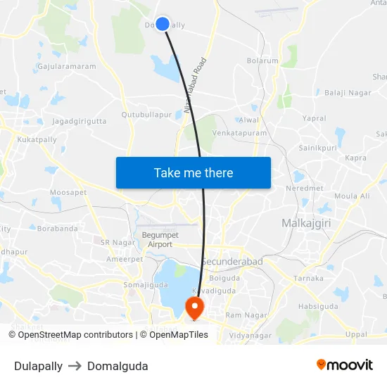 Dulapally to Domalguda map