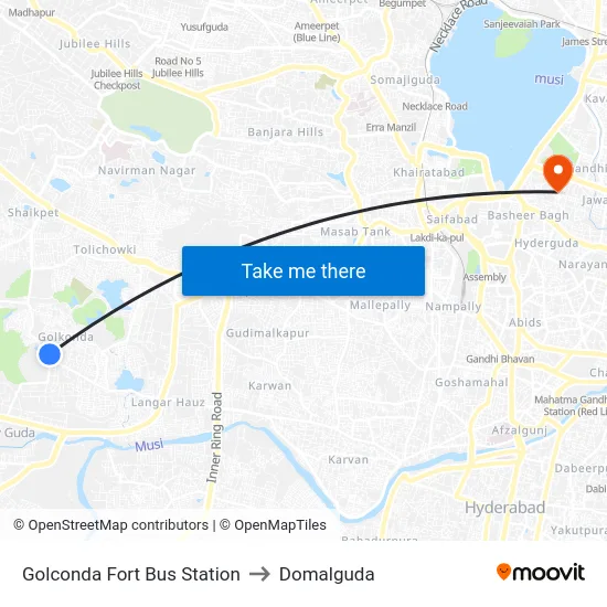 Golconda Fort Bus Station to Domalguda map