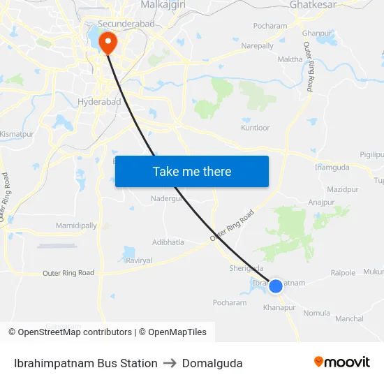 Ibrahimpatnam Bus Station to Domalguda map