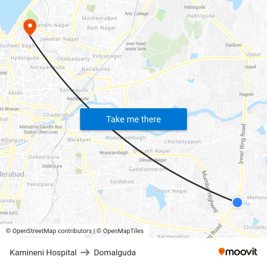 Kamineni Hospital to Domalguda map