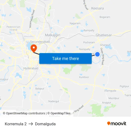 Korremula 2 to Domalguda map