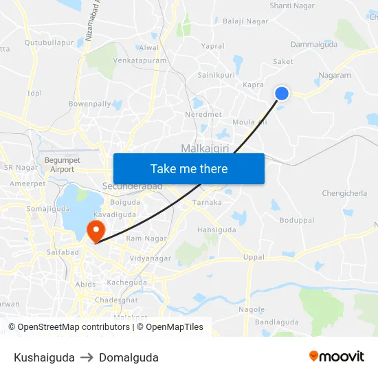 Kushaiguda to Domalguda map