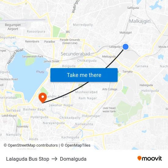 Lalaguda Bus Stop to Domalguda map