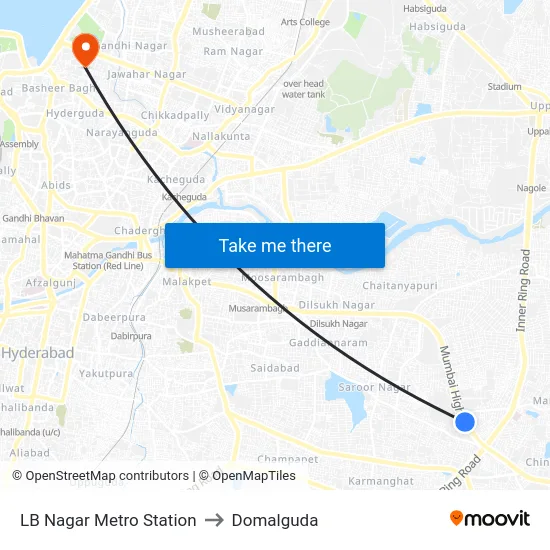 LB Nagar Metro Station to Domalguda map