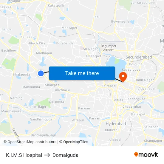 K.I.M.S Hospital to Domalguda map