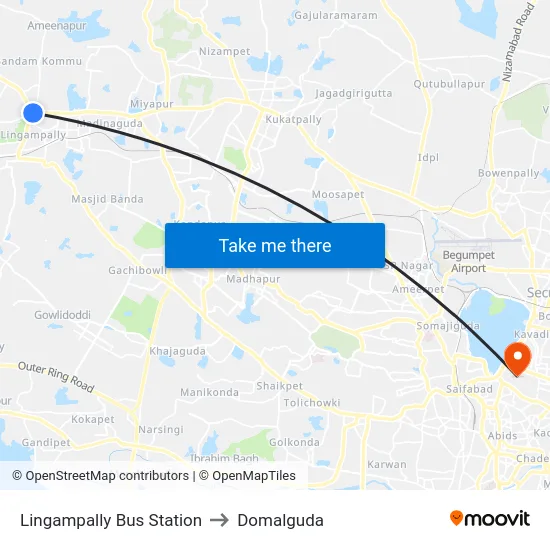 Lingampally Bus Station to Domalguda map
