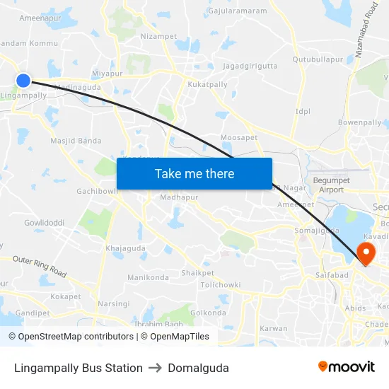 Lingampally Bus Station to Domalguda map
