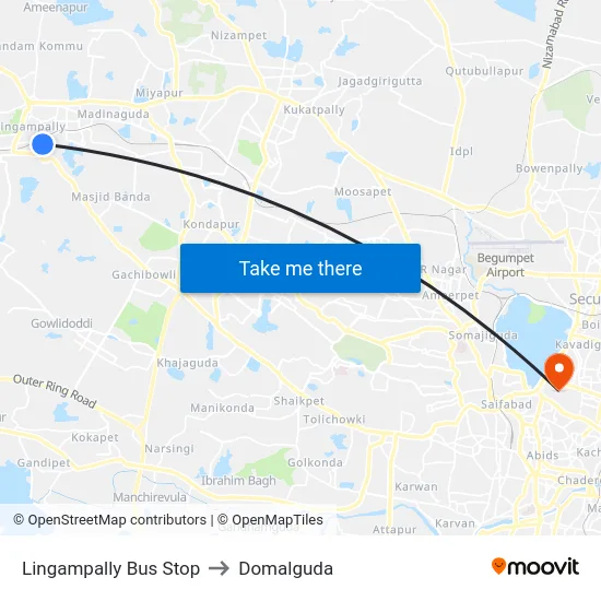 Lingampally Bus Stop to Domalguda map
