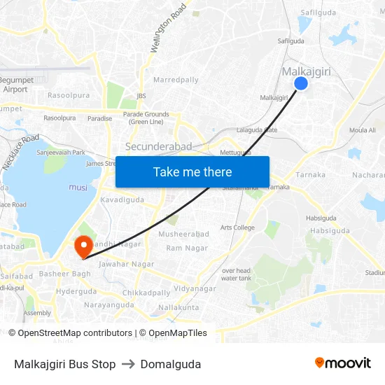 Malkajgiri Bus Stop to Domalguda map