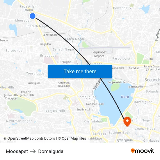 Moosapet to Domalguda map