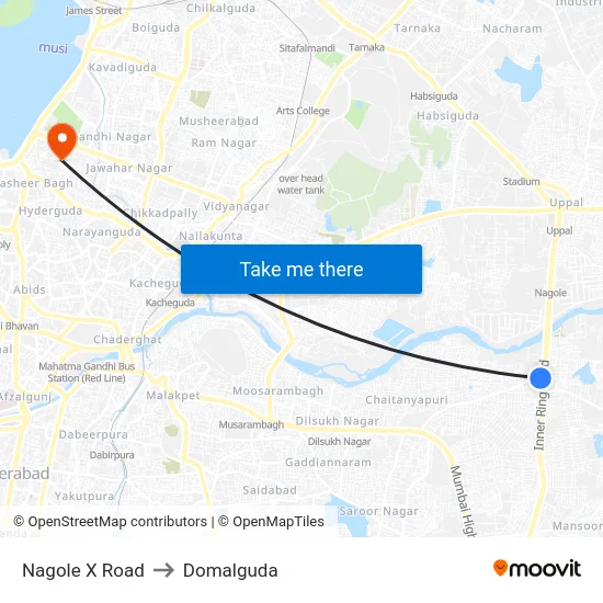 Nagole X Road to Domalguda map