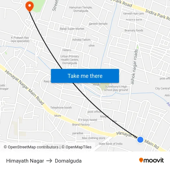 Himayath Nagar to Domalguda map