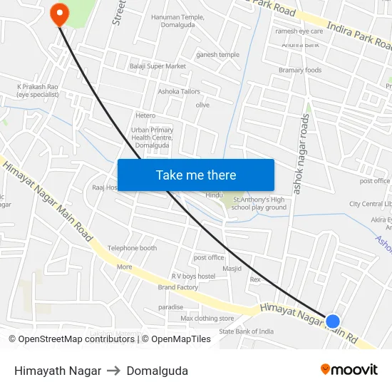 Himayath Nagar to Domalguda map