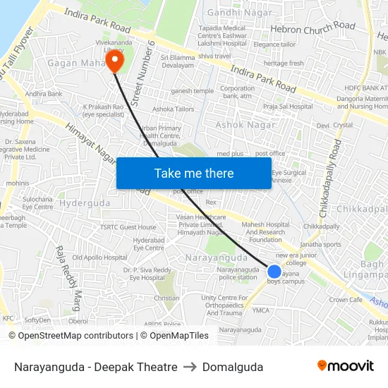 Narayanguda - Deepak Theatre to Domalguda map