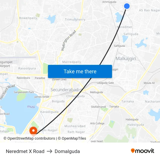 Neredmet X Road to Domalguda map