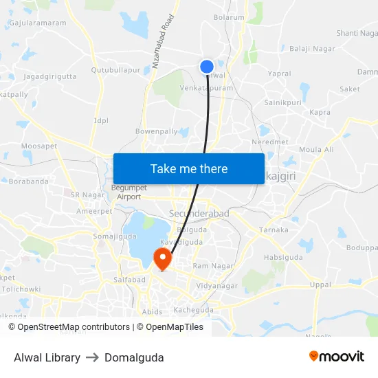 Alwal Library to Domalguda map