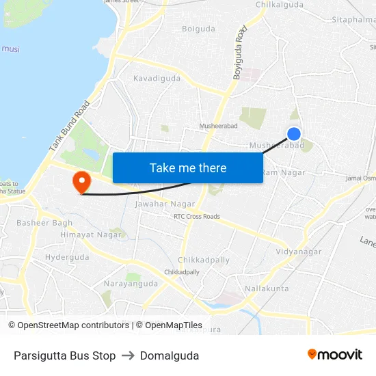 Parsigutta Bus Stop to Domalguda map