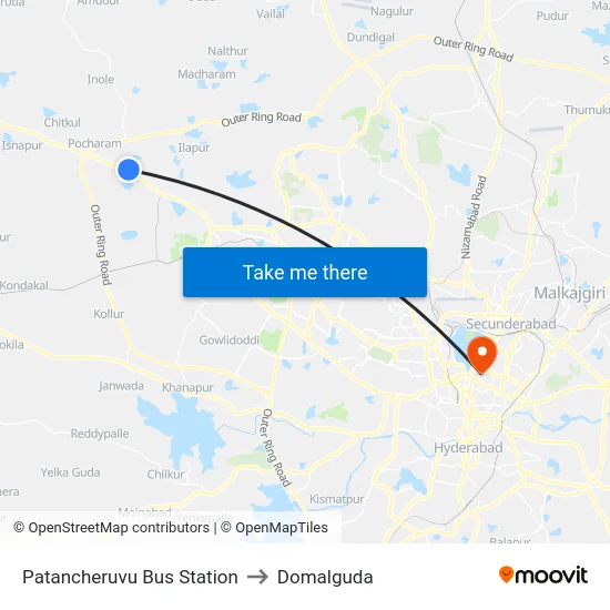 Patancheruvu Bus Station to Domalguda map