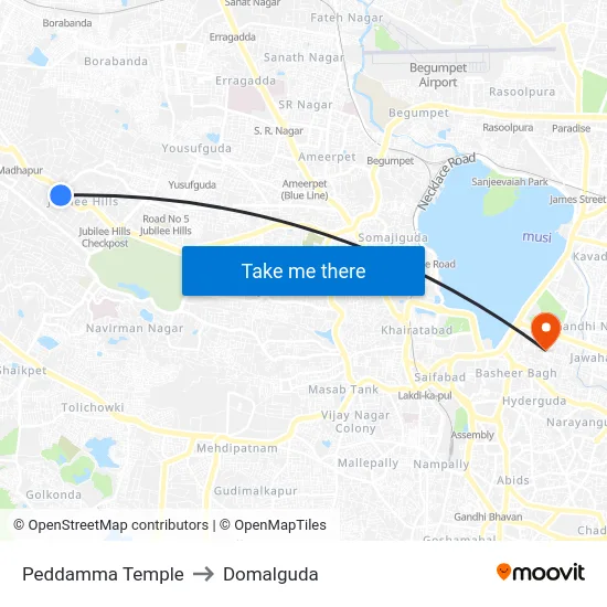 Peddamma Temple to Domalguda map