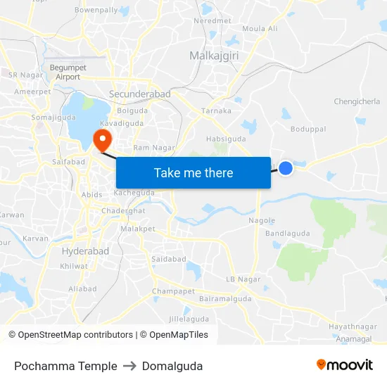 Pochamma Temple to Domalguda map