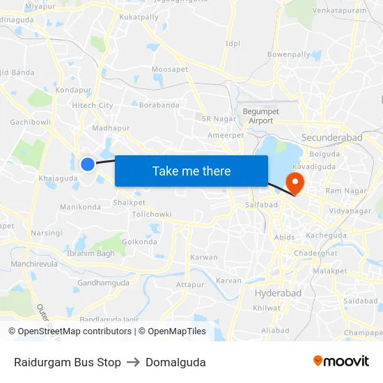 Raidurgam Bus Stop to Domalguda map