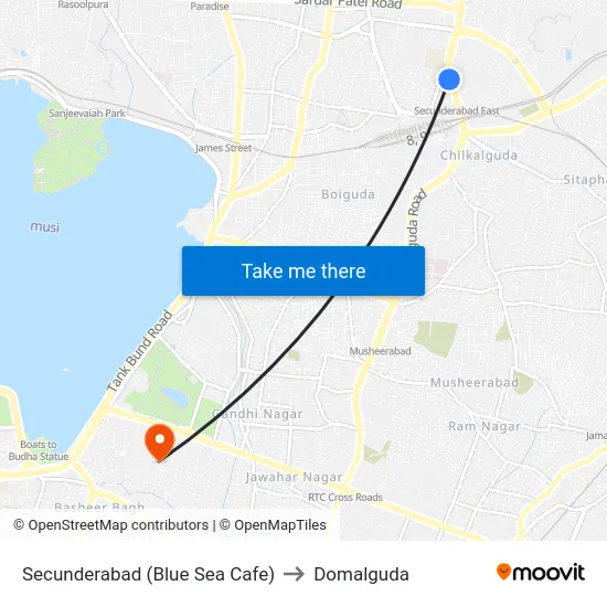 Secunderabad (Blue Sea Cafe) to Domalguda map